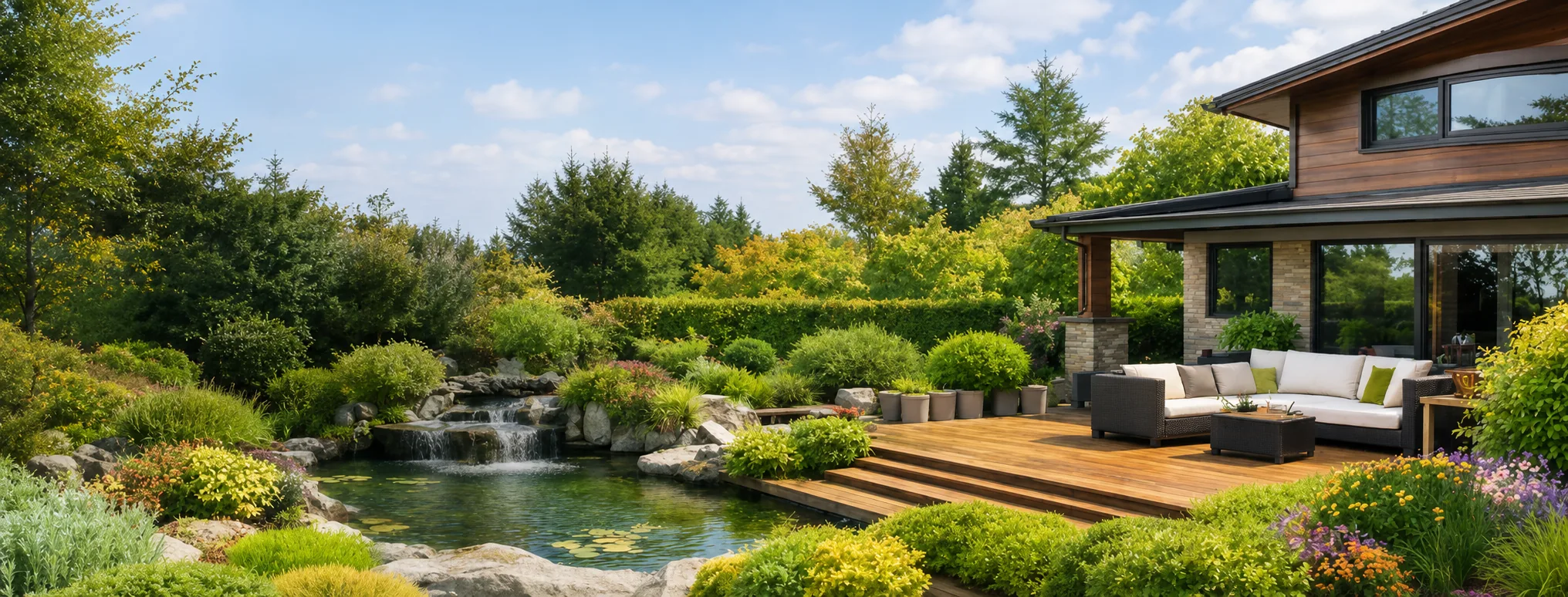 Angelegter Hausgarten mit Holzterrasse, Teich und Staudenbeeten